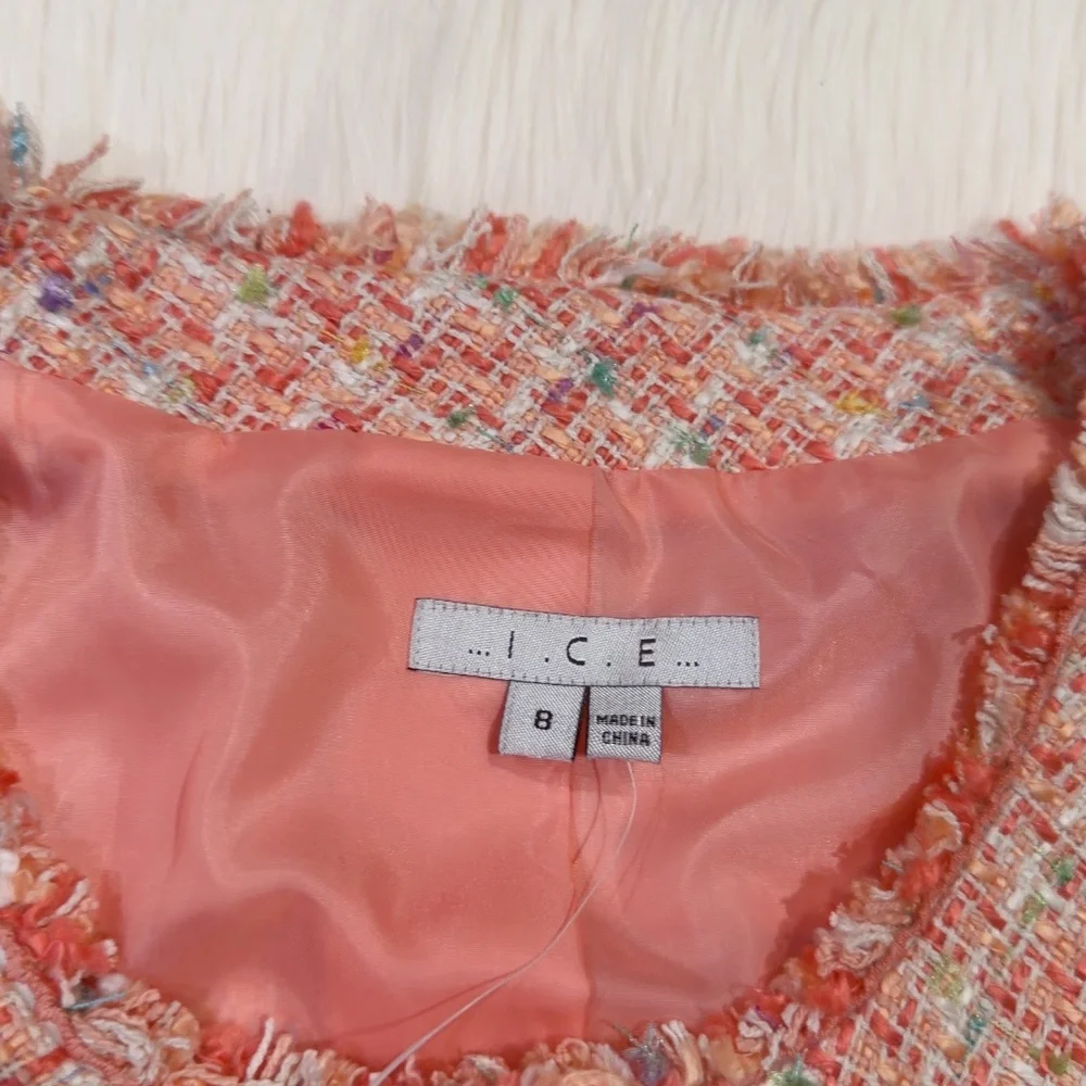 Ice Women's Pink Multi Fringe Silk Blend Tweed Short Blazer Jacket Size 8 - Picture 7 of 9